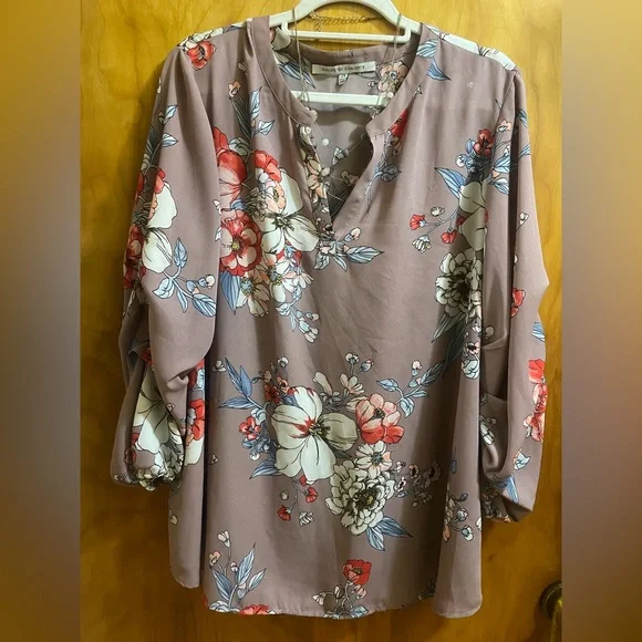 Floral V-Neck Blouse -Dusty Mauve - Picture 2 of 8